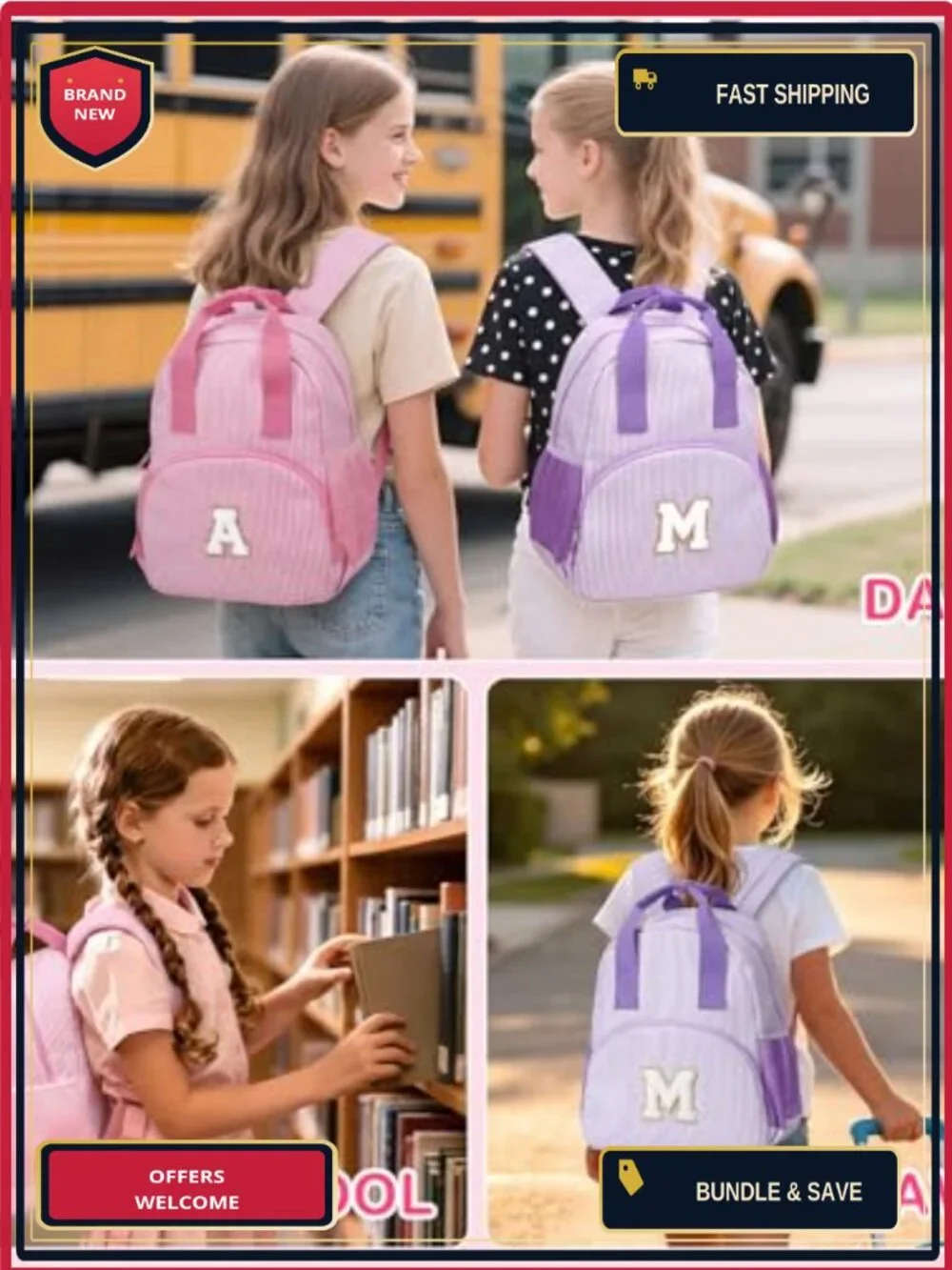 Personalized Initial Kids Backpack, Cotton Toddler Travel Daypack for School